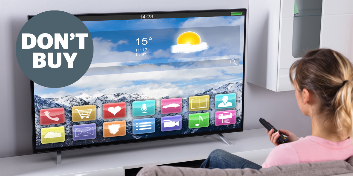 Woman looking at the homescreen of a TV. There is a large 'Don't Buy' Which? logo in the corner. The logo is a grey circle with 'DON'T BUY' written inside